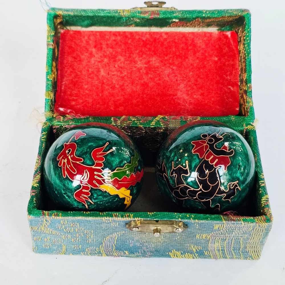 Vintage Chinese Baoding Balls Cloisonne Dragon Phoenix Green Chime Stress Relief